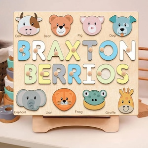 Personalized Name Puzzle With Animals, Wooden Montessori Toys, Personalized Wooden Name Puzzle for Kids, Colorful Educational Toy with Name