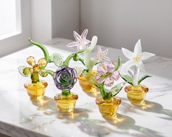 Glass Flower Potted Ornament, Iris Plant Figurine for Desk Decor, Botanical Shelf Accent Gift