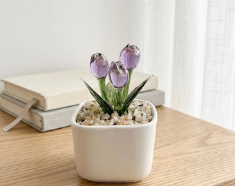 Planta de vidrio soplado a mano en maceta, flor de nacimiento en maceta de vidrio, flores de vidrio hechas a mano, planta de vitral, decoración del hogar, regalo de inauguración de la casa, regalo para mamá