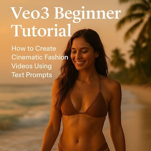 Könnte beinhalten: Eine Frau in einem braunen Bikini geht am Strand bei Sonnenuntergang. Das Bild enthält den Text "Veo3 Beginner Tutorial" und "How to Create Cinematic Fashion Videos Using Text Prompts". Der Hintergrund zeigt das Meer und Palmen.