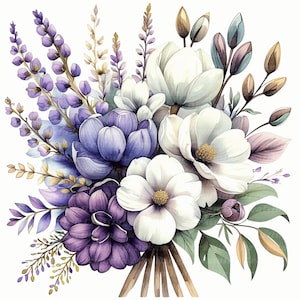 9 Purple Flowers Bouquet Clipart, Violet Floral, Printable Watercolor clipart, High Quality PNGs, Digital download, Paper craft, journal