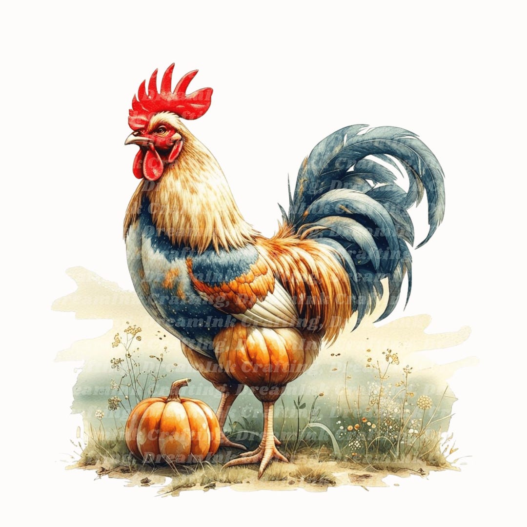 Rooster Fall Graphics 12 Autumn Rooster Clipart, Pumpkin, Autumn Design, Printable Watercolor ...
