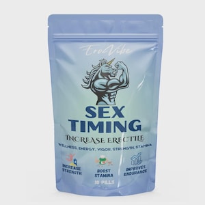 May include: A light blue pouch with the text "Sex Timing" and "Increase Erectile". The pouch features a muscular unicorn illustration and icons for strength, stamina, and endurance. The text "10 pills" is also visible.