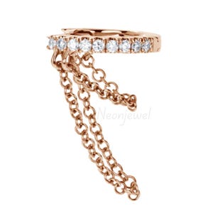 14k Gold Diamond Eternity Cartilage Pierced Helix Ear Cuff, Chain Drape Earring