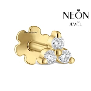 14K Gold Diamond Trinity Stud Earring Lab Diamond Helix & Conch Piercing Flat Back Single Stud for Women