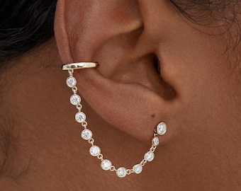 Solar Cuff Minimalist 14K Gold Chain Earring Bezel Stud Cartilage Piercing