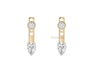 14K Gold Pear Lab Diamond Ear Jacket – Floating Drop Enhancer for Studs