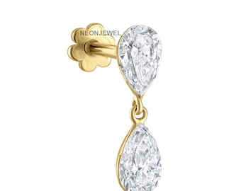 Solid Gold Invisible Set Diamond Pear Drop Threaded Piercing Earring Gift For Her