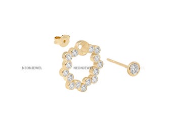 Delicados pendientes con diamantes cultivados en laboratorio, engastados en oro macizo de 14k y 18k, con bisel circular, realzadores de diamantes redondos modernos, accesorio de joyería fina.
