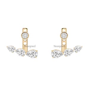 Pendientes de oro macizo de 14 quilates con diamantes en forma de pera, trepadores cultivados en laboratorio y triple realce.