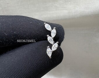 Pendientes trepadores con forma de hoja de diamante marquesa de oro macizo de 14 quilates, con diseño botánico de enredadera cultivada en laboratorio.