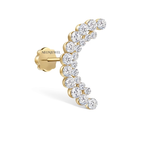 Invisible Set Diamond Curve Threaded Stud, Apsara Inspired Gold Helix Piercing