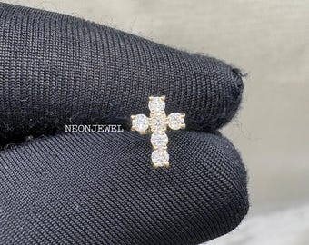 14K White Gold Diamond Cross Stud, Lab-Grown Faith Helix Piercing Earring, Minimalist Jewelry Gift