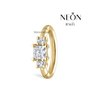 14K Gold 2mm Princess Diamond Hoop Earring 8mm Hinged Clicker Piercing Ring with Single Lab-Grown Diamond, Perfect for Charms