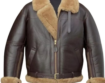 Men’s Shearling Leather Aviator Jacket B3 Bomber Sheepskin Coat custom size