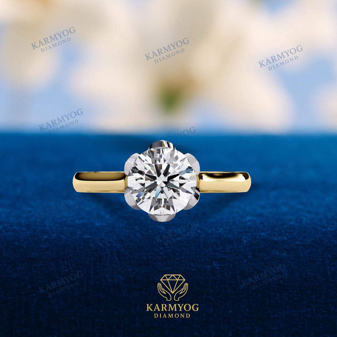 Round Cut Moissanite Floral Solitaire Engagement Ring in 14K Yellow ...