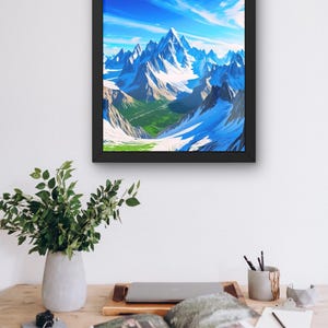 May include: Framed art print featuring a vibrant mountain landscape. The artwork depicts snow-capped peaks under a bright blue sky with wispy clouds. The scene includes green valleys and a sense of depth, creating a serene and majestic view.