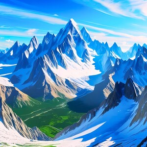 May include: A digital painting of a mountain range under a bright blue sky with wispy clouds. The snow-capped peaks are a brilliant white, contrasting with the deep blue shadows and the green valley below. The artwork evokes a sense of vastness.