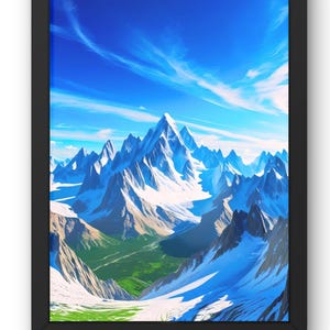 May include: A framed print featuring a vibrant mountain landscape. The artwork showcases snow-capped peaks under a bright blue sky with wispy clouds. Lush green valleys contrast with the white and blue hues of the mountains.