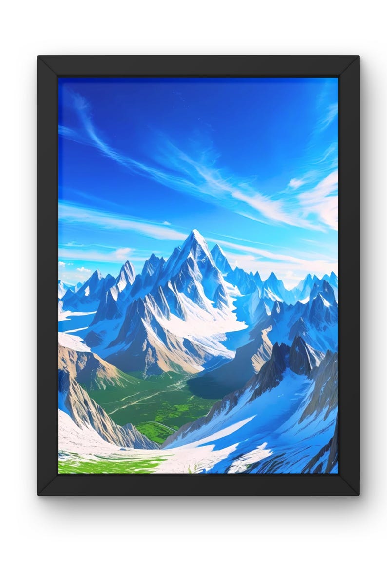 May include: A framed print featuring a vibrant mountain landscape. The artwork showcases snow-capped peaks under a bright blue sky with wispy clouds. Lush green valleys contrast with the white and blue hues of the mountains.