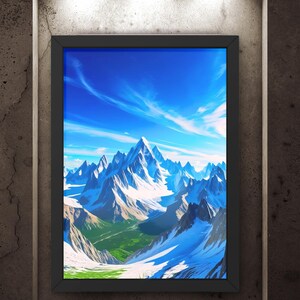 May include: Framed art print featuring a vibrant mountain landscape. The artwork showcases snow-capped peaks under a bright blue sky with wispy clouds. The scene includes green valleys and rugged terrain, all within a black frame.