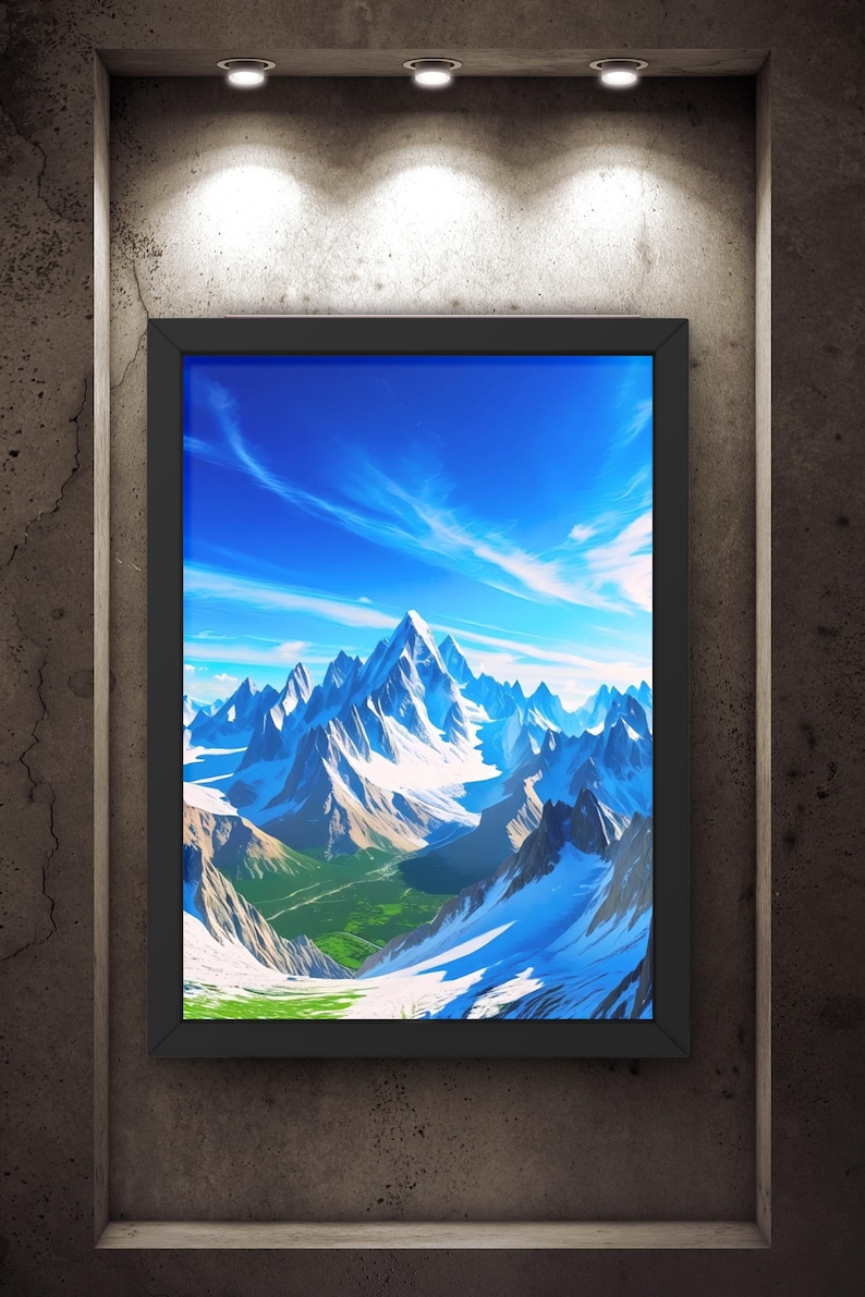 May include: Framed art print featuring a vibrant mountain landscape. The artwork showcases snow-capped peaks under a bright blue sky with wispy clouds. The scene includes green valleys and rugged terrain, all within a black frame.