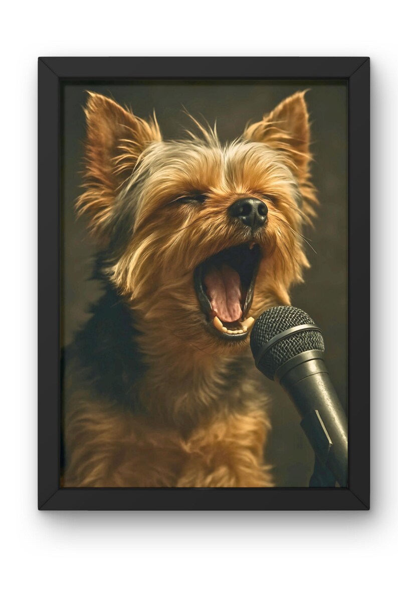 May include: A framed print featuring a Yorkshire Terrier with its mouth open, as if singing into a microphone. The dog has brown and tan fur. The microphone is black. The background is a dark, muted color.
