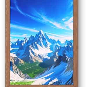 May include: A framed landscape print featuring a mountain range with snow-capped peaks under a bright blue sky with wispy clouds. The artwork showcases a valley with green grass and a wooden frame.