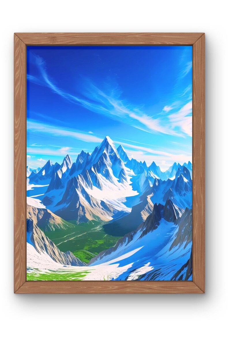 May include: A framed landscape print featuring a mountain range with snow-capped peaks under a bright blue sky with wispy clouds. The artwork showcases a valley with green grass and a wooden frame.