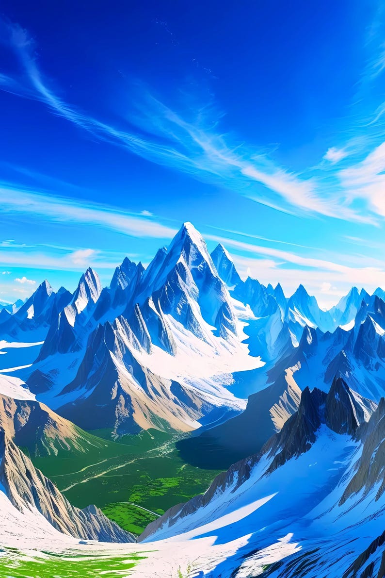 May include: A digital painting of a mountain range under a bright blue sky with wispy clouds. The snow-capped peaks are a brilliant white, contrasting with the deep blue shadows and the green valley below. The artwork evokes a sense of vastness.