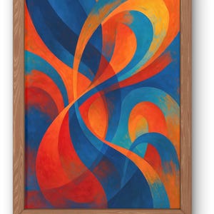 May include: Abstract painting in a wooden frame. The artwork features flowing, overlapping shapes in shades of blue, orange, and red. The composition creates a sense of movement and depth, with the colors blending and contrasting to draw the eye.