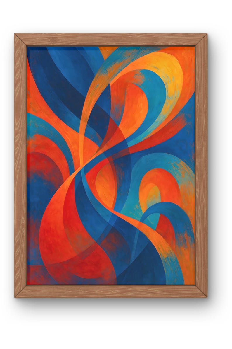 May include: Abstract painting in a wooden frame. The artwork features flowing, overlapping shapes in shades of blue, orange, and red. The composition creates a sense of movement and depth, with the colors blending and contrasting to draw the eye.