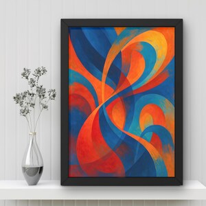 May include: Abstract art print in a black frame. The artwork features flowing, curved shapes in shades of blue, orange, and red. The painting is displayed on a white shelf with a clear glass vase containing dried flowers.