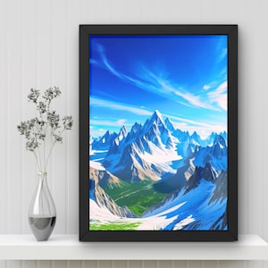May include: A framed mountain landscape print with a black frame. The artwork depicts snow-capped mountains under a bright blue sky with wispy clouds. Green valleys are visible at the base of the mountains.