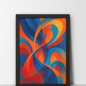 May include: Abstract art print in a black frame. The artwork features flowing, curved lines in shades of blue, orange, and yellow. The colors overlap and blend, creating a dynamic and visually engaging composition. The print is displayed against a white background.