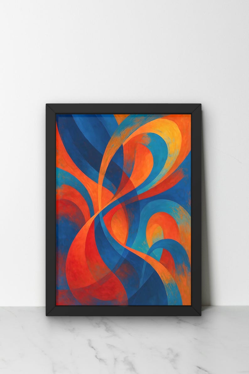 May include: Abstract art print in a black frame. The artwork features flowing, curved lines in shades of blue, orange, and yellow. The colors overlap and blend, creating a dynamic and visually engaging composition. The print is displayed against a white background.