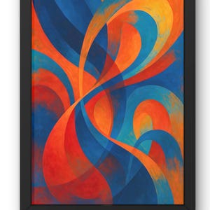 May include: Abstract art print in a black frame. The artwork features flowing, overlapping shapes in shades of blue, orange, and red. The composition creates a sense of movement and depth, with the colors blending and contrasting.