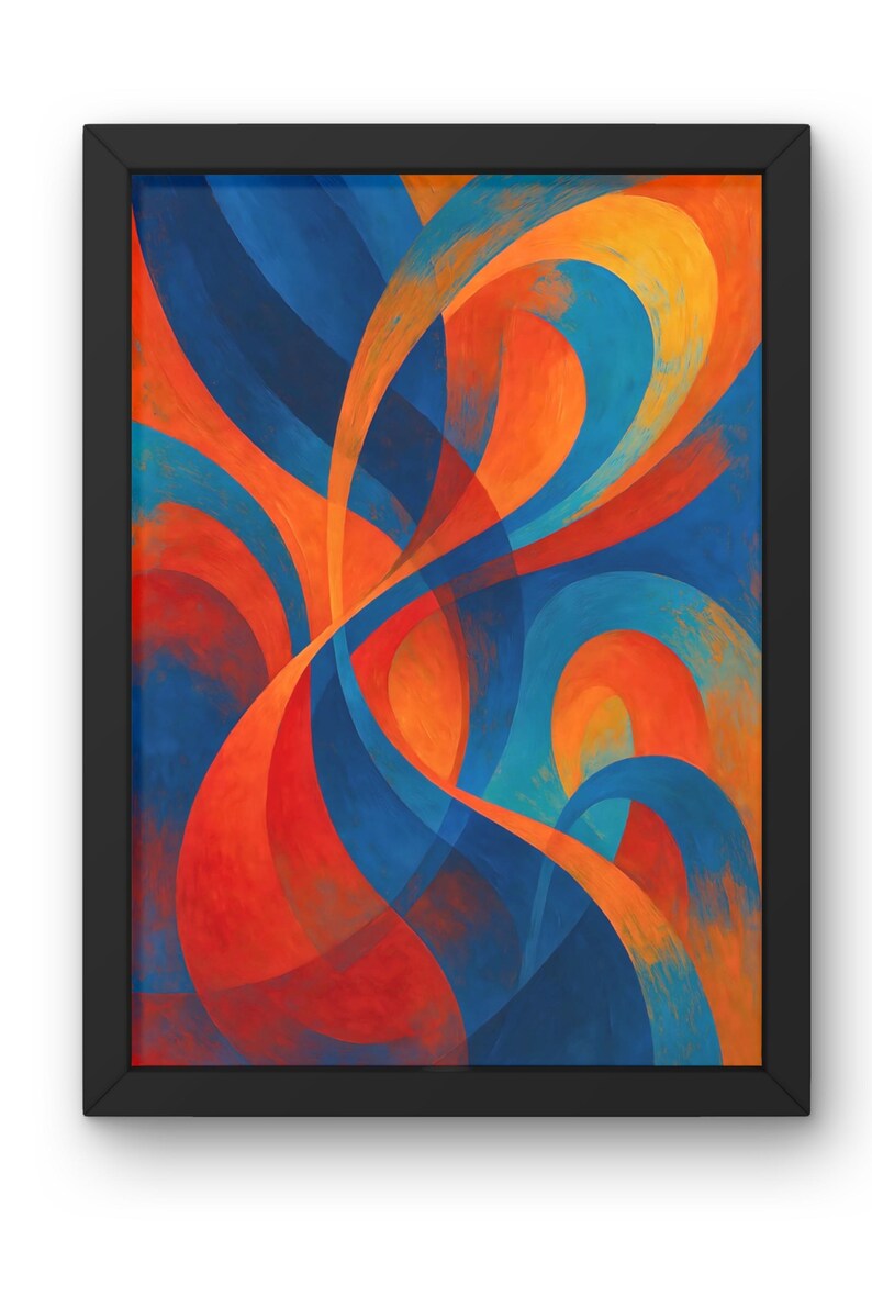 May include: Abstract art print in a black frame. The artwork features flowing, overlapping shapes in shades of blue, orange, and red. The composition creates a sense of movement and depth, with the colors blending and contrasting.