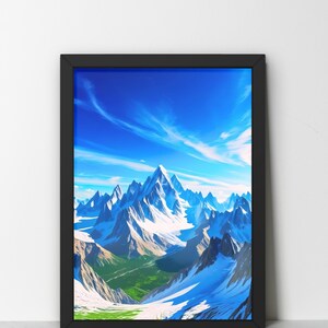 May include: Framed art print featuring a vibrant mountain landscape. The artwork showcases snow-capped peaks under a bright blue sky with wispy clouds. Lush green valleys contrast with the white snow and rocky terrain.