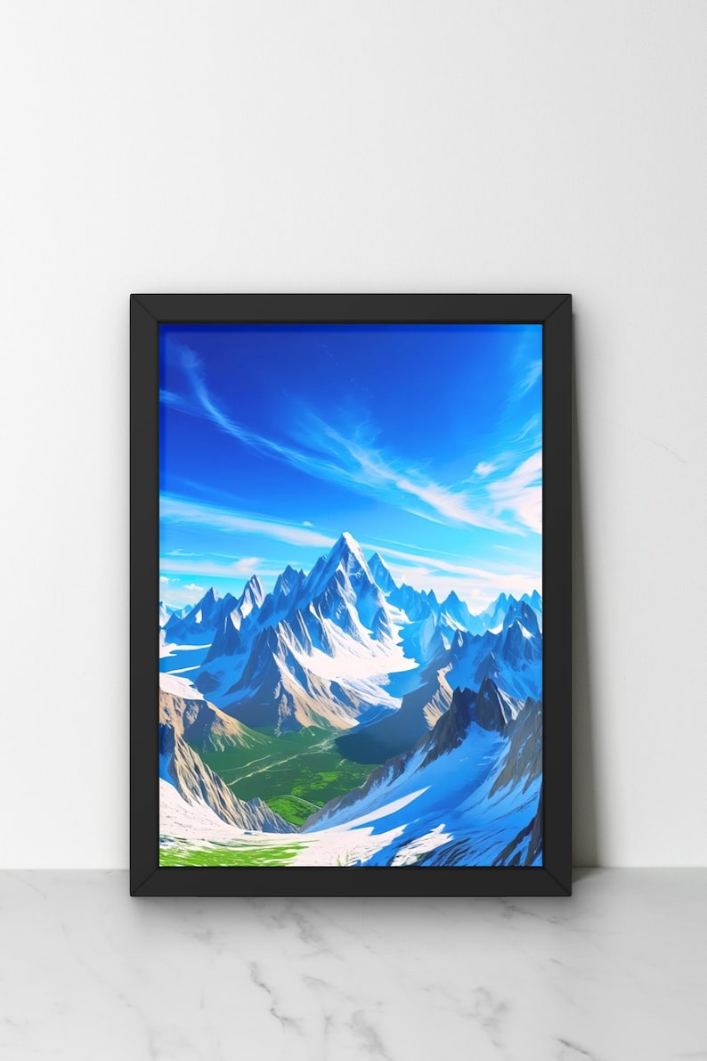 May include: Framed art print featuring a vibrant mountain landscape. The artwork showcases snow-capped peaks under a bright blue sky with wispy clouds. Lush green valleys contrast with the white snow and rocky terrain.