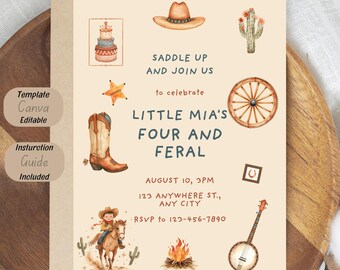 Four and Feral Cowboy Birthday Invitation, Wild West Kids Party Template