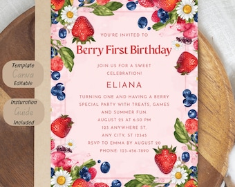 Berry First Birthday Invitation Template, Watercolor Strawberry Blueberry Invite (Canva Editable)