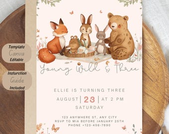 Young Wild Three Woodland Invitation, Boho Forest Animals, Editable Canva Template (Digital Download)