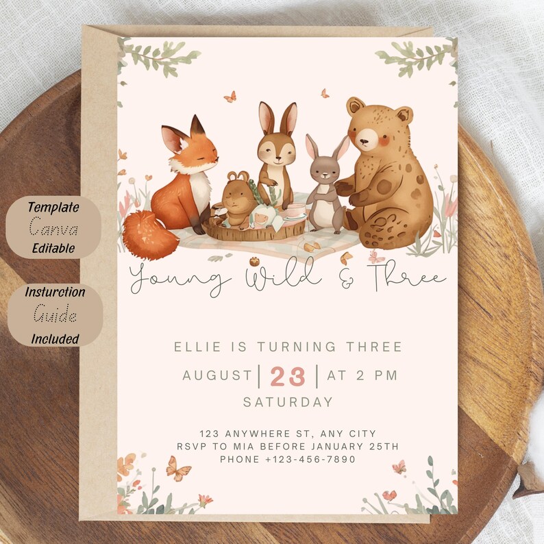 Young Wild and Three Birthday Invitation, Woodland Animal Birthday Invite, Boho Forest Party Invitation Template, Editable 3rd Birthday Card, Cute Woodland Creatures Invite