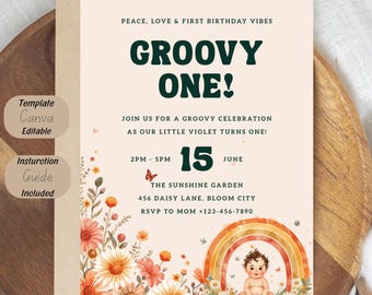 Boho Groovy One Birthday Invitation Template, Retro First Birthday Invite, Editable Daisy Rainbow Baby Birthday Invitation