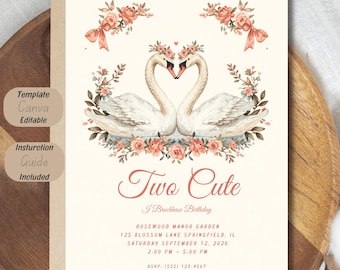 Two Cute Birthday Invitation Template | Swan Birthday Invitation | Elegant Floral Swan 2nd Birthday Invite