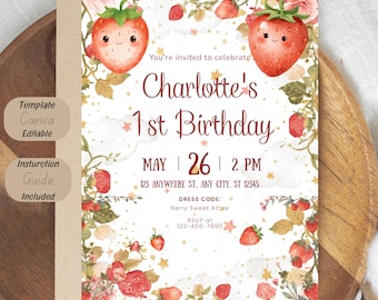 Strawberry First Birthday Invitation Template, Whimsical Berry Party Invite (Canva Editable)