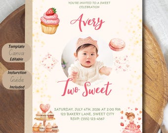 Two Sweet Birthday Invitation Template, Sweet Bakery Birthday Invite, Strawberry Cupcake Party Invitation