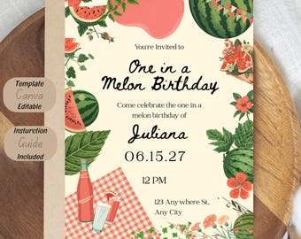Retro Watermelon Birthday Invitation Template, Summer Picnic Party Invite (Editable Canva)