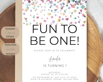 Fun to Be One Birthday Invitation Template, Pastel Confetti First Birthday Invite (Editable Canva)